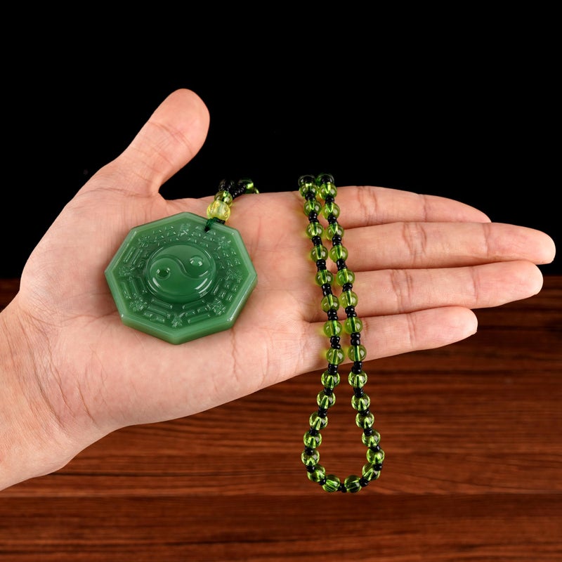 Chiorgone Bagua Yin Yang Pendant Necklace, Green Jadeâ€‘Look Glass Feng Shui Protection Amulet with Beaded Cord, Singleâ€‘Sided Carving, Unisex, 1 Pack - Image 5
