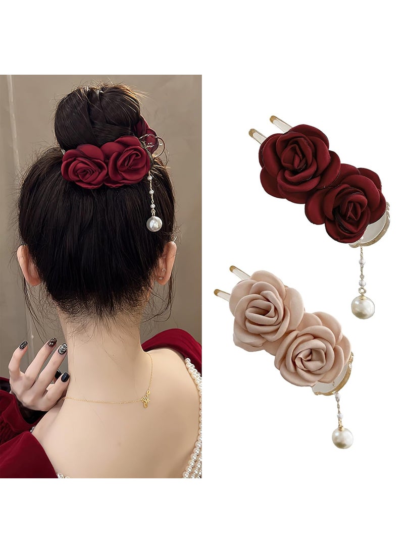 AUOCATTAIL - 2 Pcs Rose Flower Pearl Tassel Ponytail Hair Claw Clips Bun Back Head Hairpins Ponytail Hair Clips Shark Clip Hair Grip Headwear Thin Thick Hair Styling Hair Accessories for Women Girls - Image 1