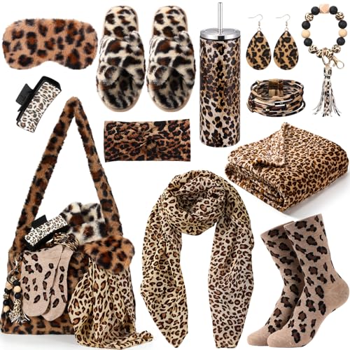 Shyyween 12 Pcs Mothers Day Cheetah Print Gifts Leopard Accessories for Women Leopard Blanket Scarf Tumbler Socks Bag Slippers Earrings Eye Mask Hair Clip Headband Bracelet Keychain for Birthday - Image 1