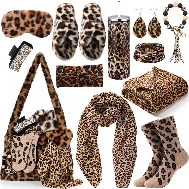 Shyyween 12 Pcs Mothers Day Cheetah Print Gifts Leopard Accessories for Women Leopard Blanket Scarf Tumbler Socks Bag Slippers Earrings Eye Mask Hair Clip Headband Bracelet Keychain for Birthday - Image 2
