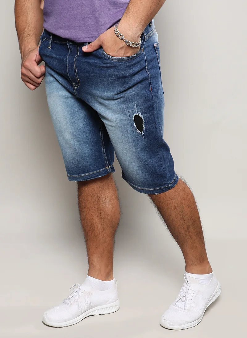 Instafab Plus Instafab Plus Men's Navy Blue Distressed Denim Shorts For Casual Wear | 5 Pockets | Dark-Wash | Button Closure | Denim Shorts Crafted With Comfort With For Everyday Wear