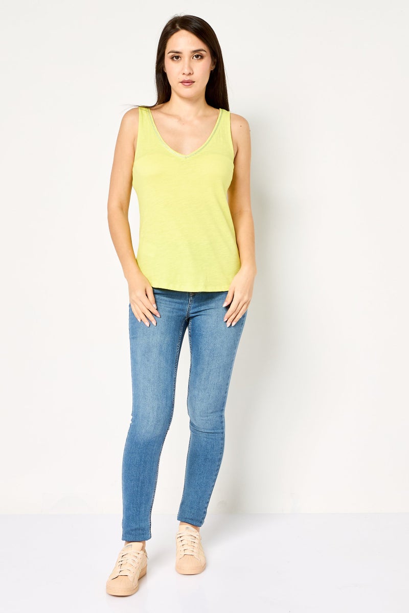 promod Women V- Neck Sleeveless Plain Tank Top, Lime Green - Image 2