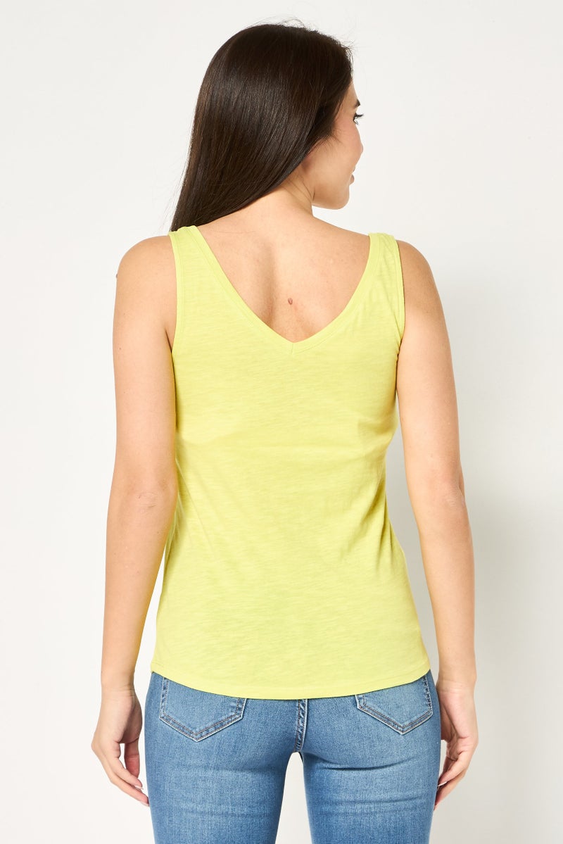 promod Women V- Neck Sleeveless Plain Tank Top, Lime Green - Image 3