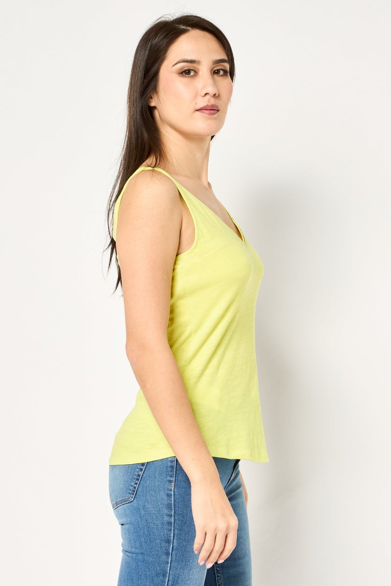 promod Women V- Neck Sleeveless Plain Tank Top, Lime Green - Image 4