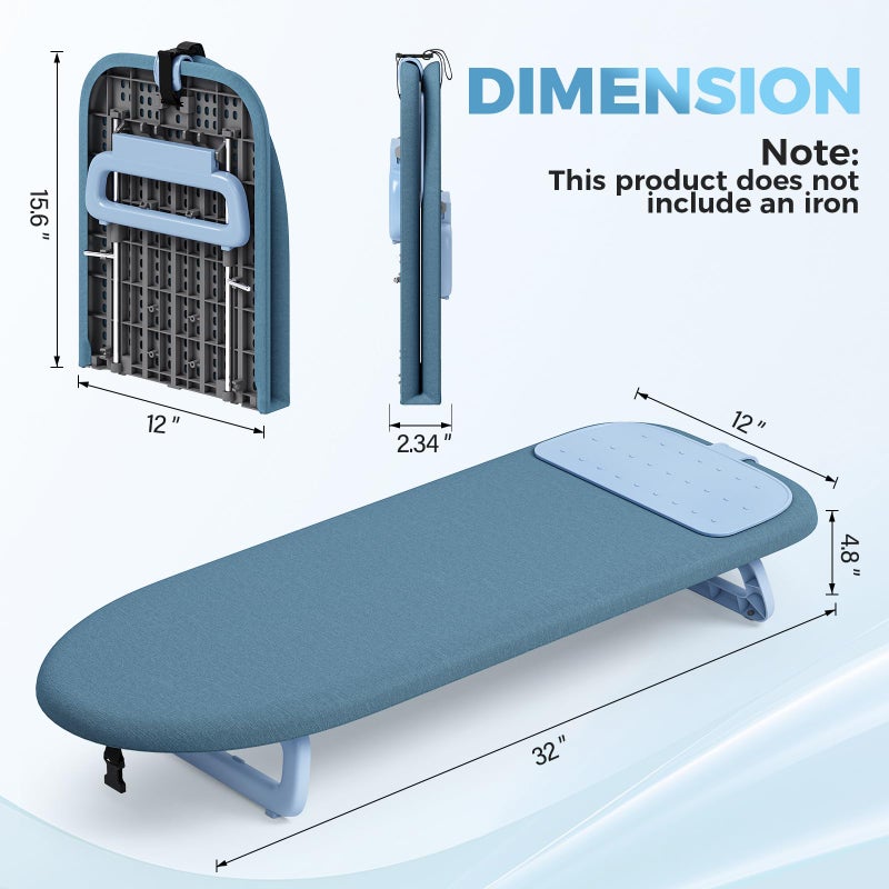 KINGBOARD Tabletop Ironing Board, Small Ironing Board with Iron Mat, Foldable Mini Iron Board, Easy Storage for Travel & Dorm, 12x32 Blue - Image 2