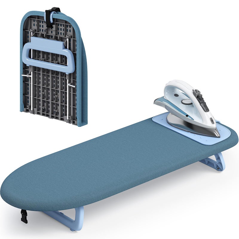 KINGBOARD Tabletop Ironing Board, Small Ironing Board with Iron Mat, Foldable Mini Iron Board, Easy Storage for Travel & Dorm, 12x32 Blue - Image 1