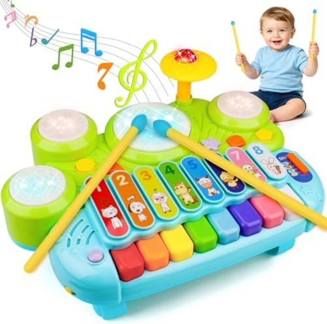 AugToy Baby Piano Drum Set for Toddlers 1-3, Musical Toys 3 in 1 Baby DJ Table Piano Keyboard Xylophone Drum Instruments for 1 2 Year Old Boys Girls Music & Light Activity Table Babies First Birthday  Gifts - Image 3