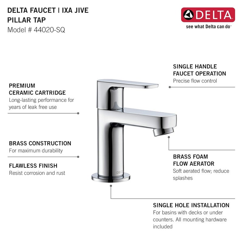 DELTA FAUCET صنبور دلتا | صنبور عمود نحاسي إكسا-جيف | كروم مصقول | 44020-SQ | صنبور مياه للحمام | صنبور حوض - مثبت على السطح - Image 4