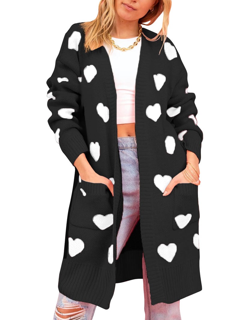 HOULENGS Women's Cute Heart Long Cardigan Sweaters V Neck Ribbed Knit Open Front Sweater Coats with Pockets Black Large - Image 1