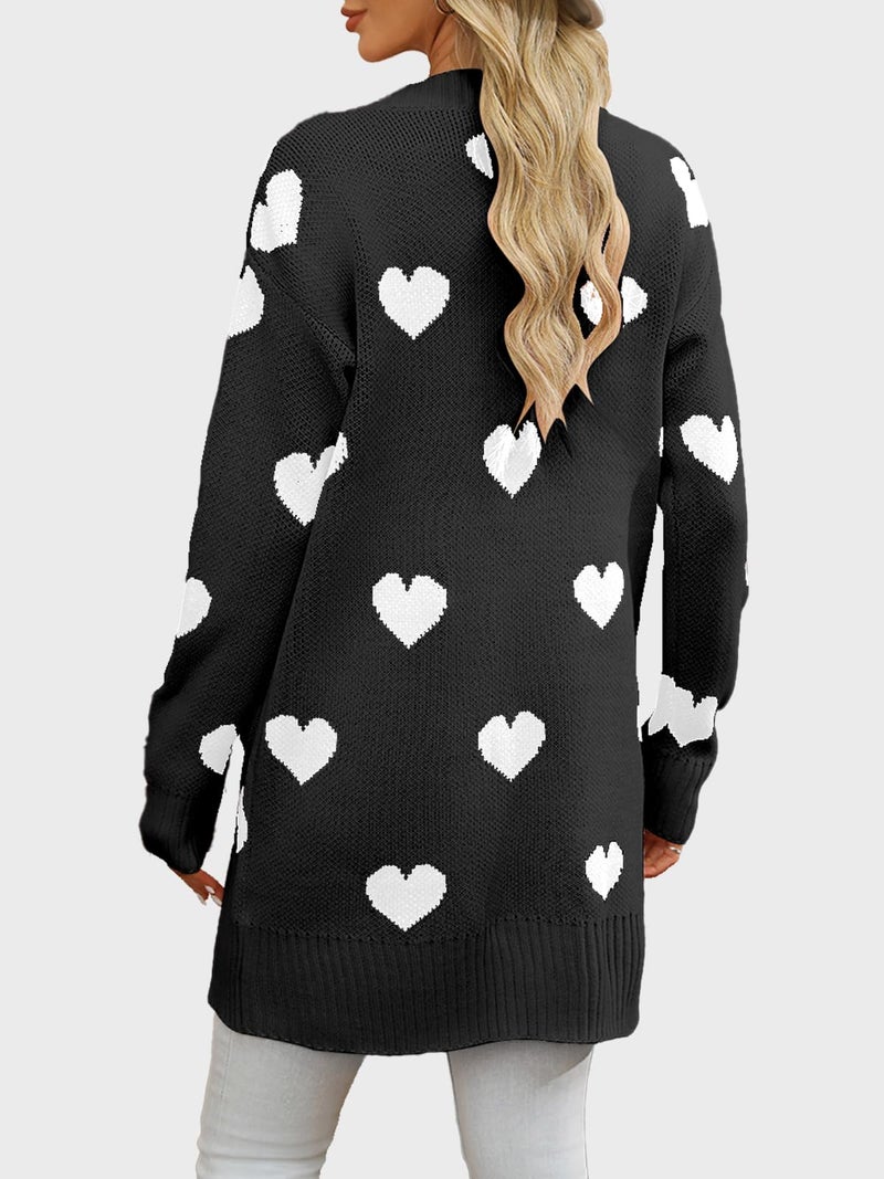 HOULENGS Women's Cute Heart Long Cardigan Sweaters V Neck Ribbed Knit Open Front Sweater Coats with Pockets Black Large - Image 2