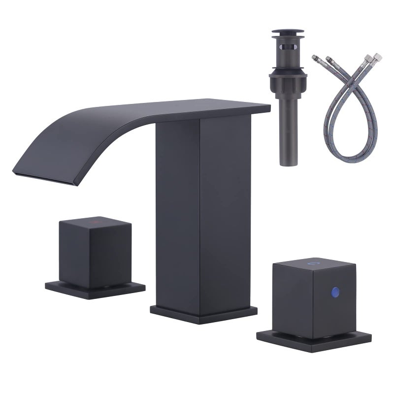 Waterfall Bathroom Faucet 3 Hole ARCORA 8 Inch Widespread Bathroom Faucet Matte Black Modern 2 Handles Bathroom Sink Faucet with Pon Up Drain and cUPC Supply Lines