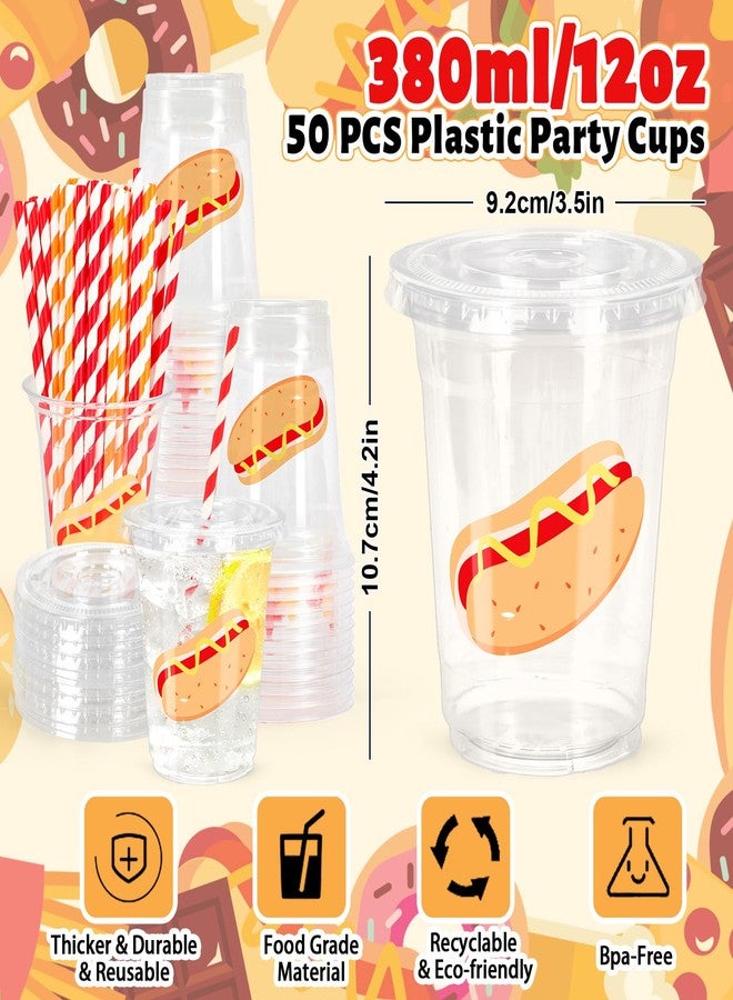 Whaline 50 Pcs Hot Dog Birthday Plastic Cups with Lids and Straws 12oz Clear Drinking Cups Fast Food Hotdog Disposable Cup for Birthday Holiday Party Supplies - Image 2
