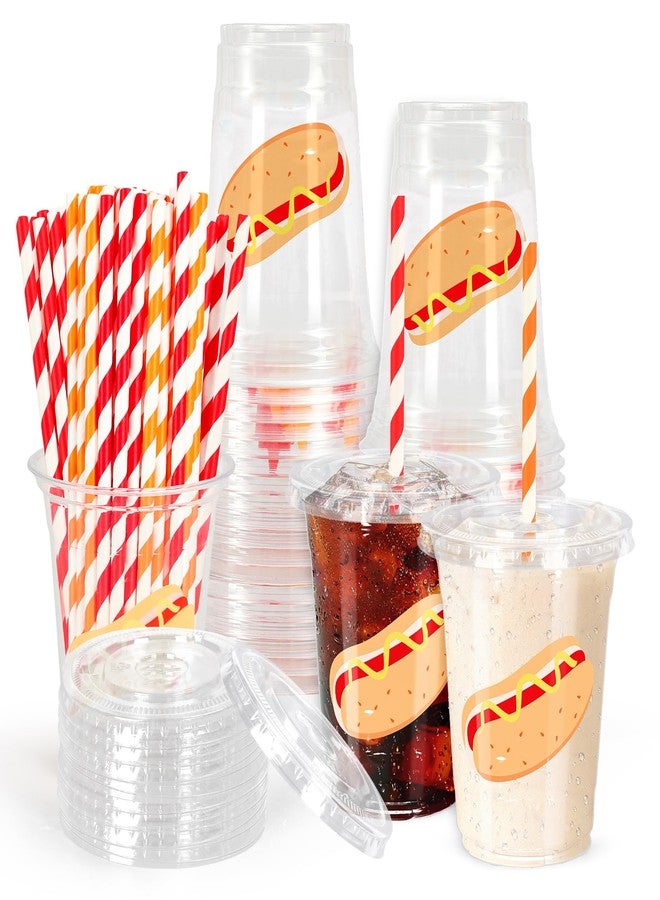 Whaline 50 Pcs Hot Dog Birthday Plastic Cups with Lids and Straws 12oz Clear Drinking Cups Fast Food Hotdog Disposable Cup for Birthday Holiday Party Supplies - Image 1