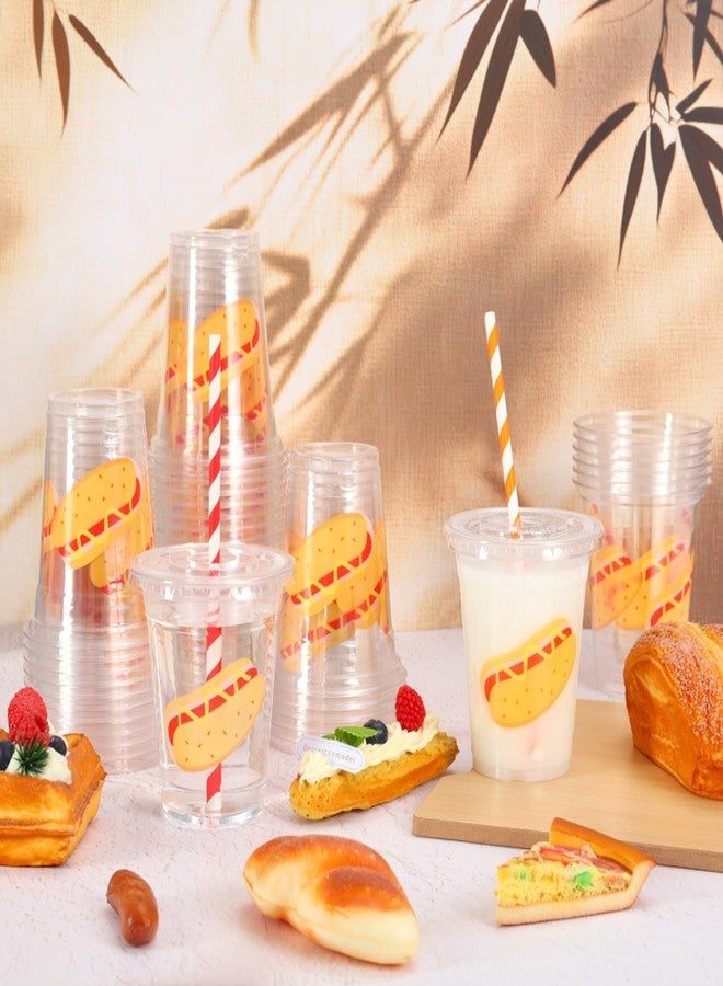 Whaline 50 Pcs Hot Dog Birthday Plastic Cups with Lids and Straws 12oz Clear Drinking Cups Fast Food Hotdog Disposable Cup for Birthday Holiday Party Supplies - Image 4