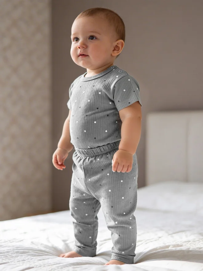 بابيز_بيسك Babies Basic Baby Premium Ribbed Cotton T-Shirt and Printed Pyjama Set