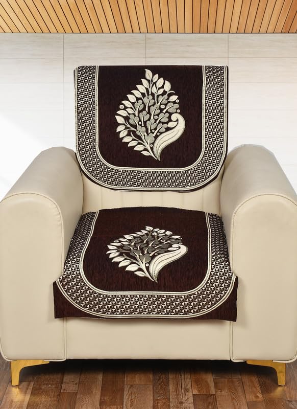 SAWNA HOMES Velvet Chenille Floral Design 1 Seater Sofa Cover with Seat and Back Covers | Anti-Slip Washable Sofa Protector Slipcovers for Living Room, Guest Room, Office, Home Décor (Coffee-2 PCS) - Image 1