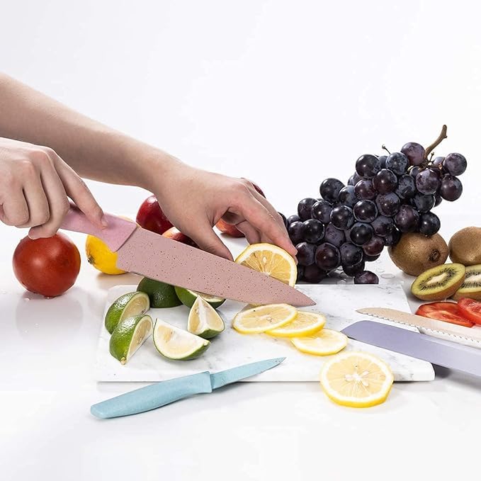 Deoxys Kitchen Knife Set of 7 in Gift Box with Cleaver Knife Chef Knife Bread Knife Paring Knife Scissors Peeler Colourful Stainless Steel Blades with Non Slip PP Straw Handles - Image 4