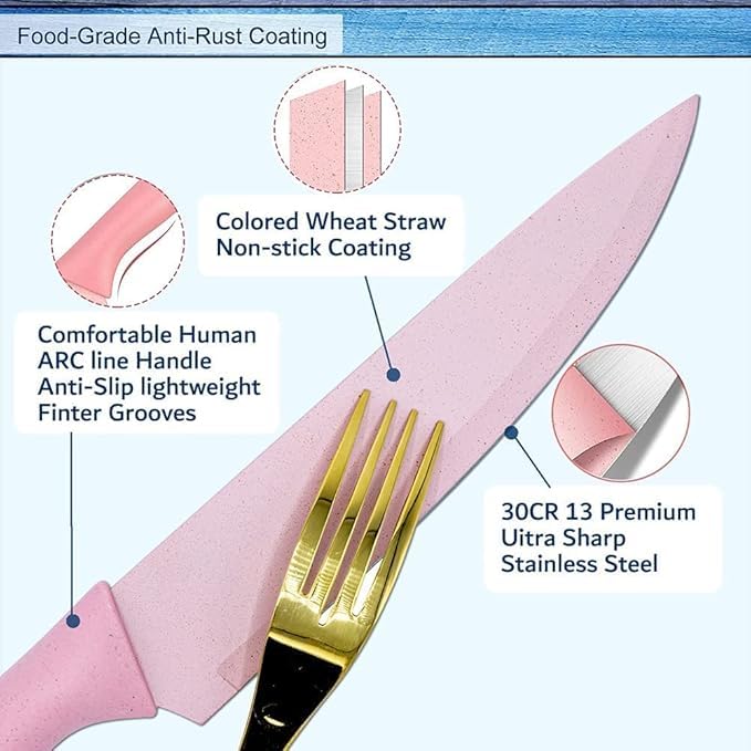 Deoxys Kitchen Knife Set of 7 in Gift Box with Cleaver Knife Chef Knife Bread Knife Paring Knife Scissors Peeler Colourful Stainless Steel Blades with Non Slip PP Straw Handles - Image 2