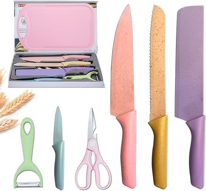 Deoxys Kitchen Knife Set of 7 in Gift Box with Cleaver Knife Chef Knife Bread Knife Paring Knife Scissors Peeler Colourful Stainless Steel Blades with Non Slip PP Straw Handles - Image 1