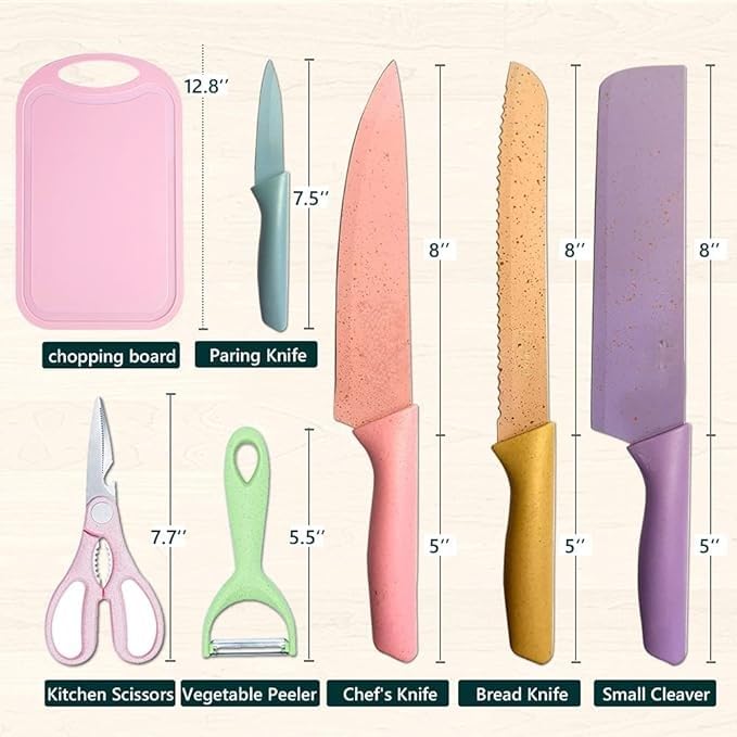 Deoxys Kitchen Knife Set of 7 in Gift Box with Cleaver Knife Chef Knife Bread Knife Paring Knife Scissors Peeler Colourful Stainless Steel Blades with Non Slip PP Straw Handles - Image 5
