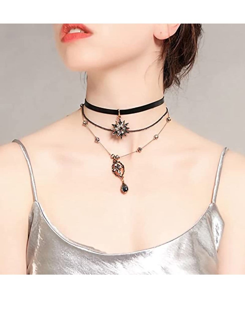 KASTWAVE Bohemia Layered Choker Necklaces, Star Layered Pendant Necklace Multilayer Necklace Vintage Choker with Teardrop Chain & Black Leather Choker Layered Necklaces for Women Jewelry - Image 5