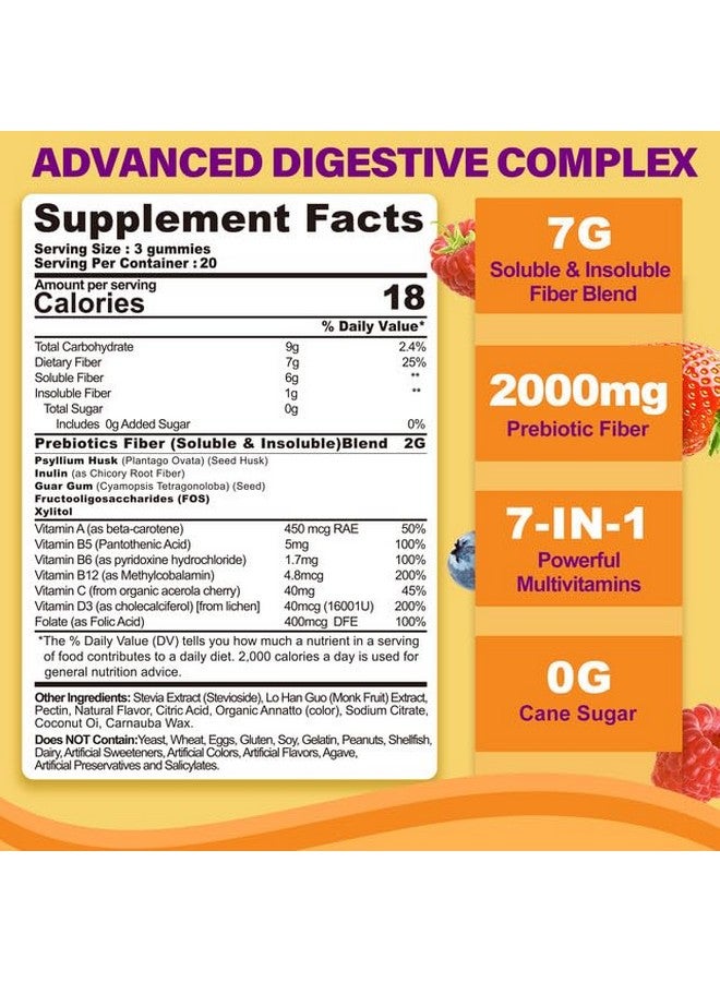 NEVISS Prebiotics Fiber Gummies for Adults Sugar Free + Psyllium Husk, 7G High Fiber Supplement (Soluble + Insoluble) with Inulin, Fos, Multivitamin for Daily Digestive Health & Regularity Gut, 60Cts - Image 2