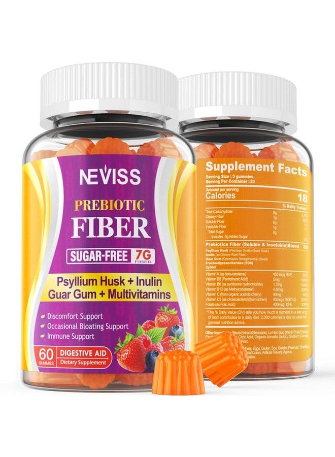 NEVISS Prebiotics Fiber Gummies for Adults Sugar Free + Psyllium Husk, 7G High Fiber Supplement (Soluble + Insoluble) with Inulin, Fos, Multivitamin for Daily Digestive Health & Regularity Gut, 60Cts - Image 1