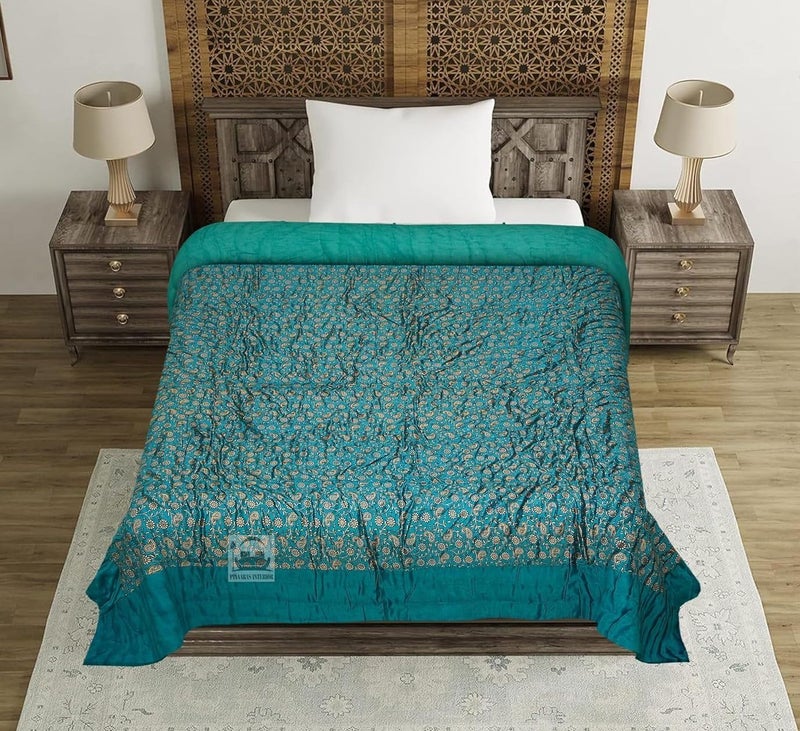 LOARSHY Pure Cotton Silk Traditional Rajasthani Gold Printed Jaipuri Quilt/Razai/Rajai [Light Weight, Rama Green, Single Bed - 87X57 Inches] Set of 2 - Image 5