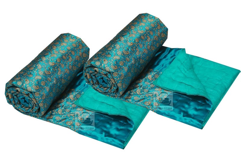 LOARSHY Pure Cotton Silk Traditional Rajasthani Gold Printed Jaipuri Quilt/Razai/Rajai [Light Weight, Rama Green, Single Bed - 87X57 Inches] Set of 2 - Image 2