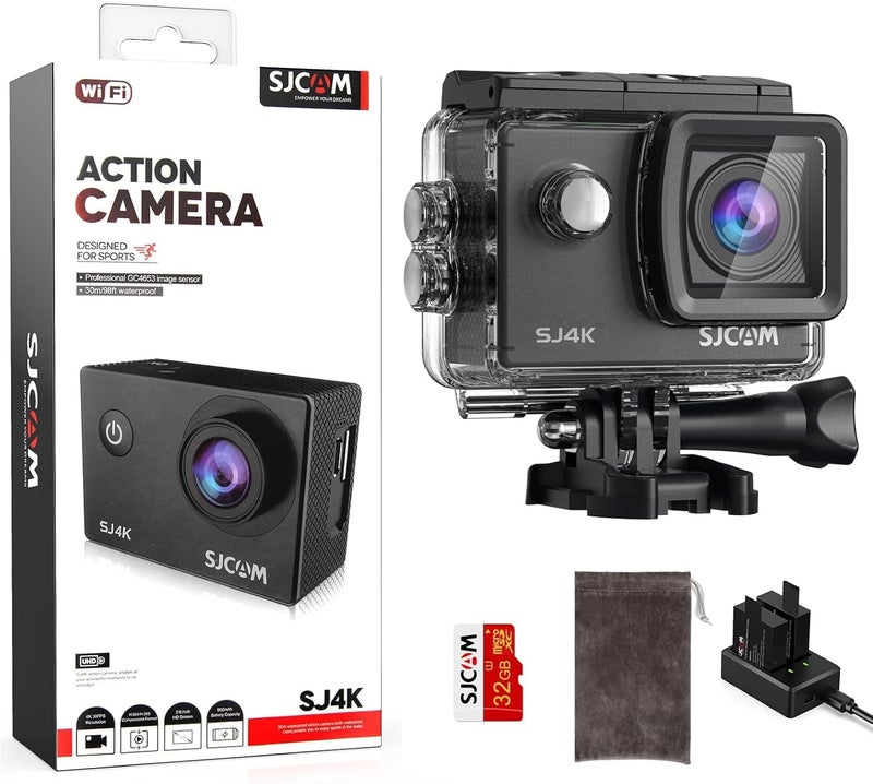 SJCAM كاميرا أكشن SJCAM SJ4000 برو-غريد 4K، 40 ميجابكسل، تثبيت EIS ثلاثي المحاور، كاميرا رياضية للدراجات النارية، كاميرا مقاومة للماء بزاوية رؤية 170 درجة، زوم 5X، بطاريتين، بطاقة SD سعة 32 جيجابايت ومجموعة ملحقات الخوذة - Image 1