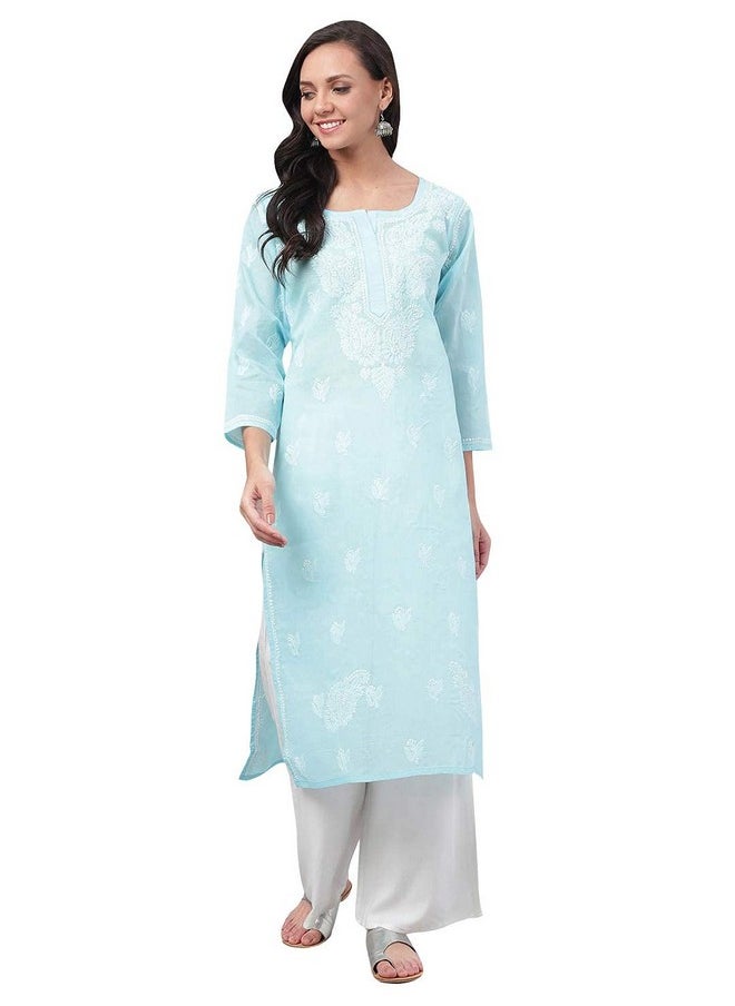 ADA - Ada Hand Embroidered Lucknowi Chikankari Straight Cotton Kurta Kurti for Women A133664 Blue (XL) - Image 1