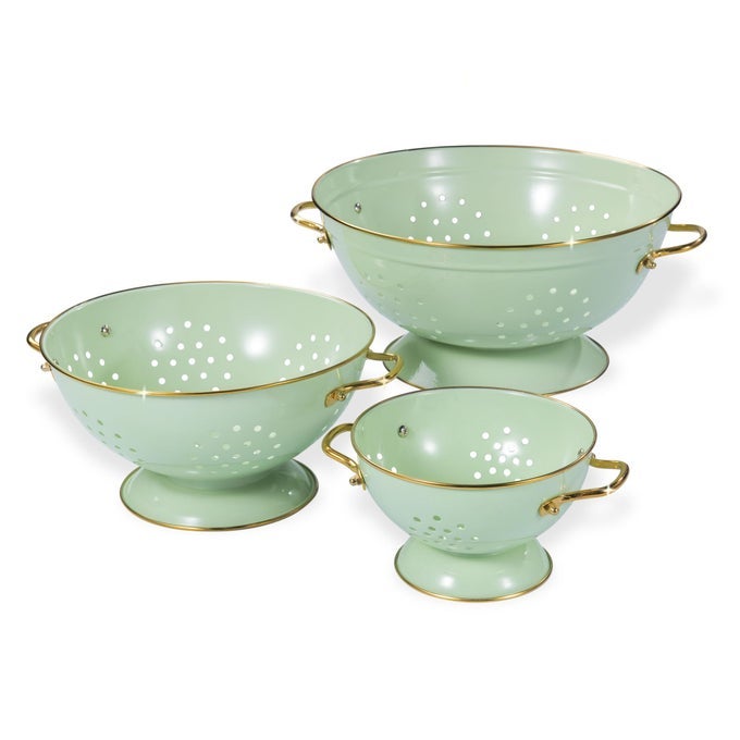 METAL COLANDER SET OF 3 STRAINER BASKET WITH HANDLES PERFECT FOR SPAGHETTI PASTA BERRY VEGETABLE FRUIT SOLID BASE POWDER COATED KITCHEN ESSENTIAL STRAINER SET 1 35 5 QT GREEN