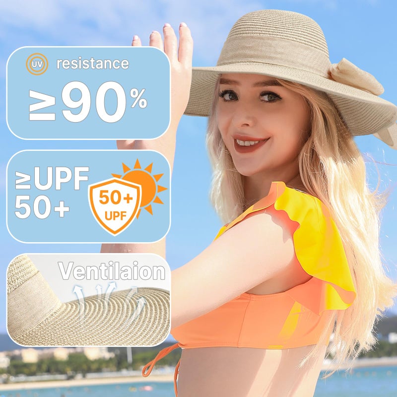 TOBEHIGHER Beach Hats for Women - Beach Hat Womens UPF 50+, Packable Sun Hat Women Roll Up, Wide Brim Straw Hat for Women, Beige - Image 2