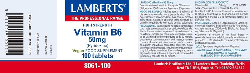 Lamberts Vitamin B6 50mg Pyridoxine 100 Tablets - Image 2