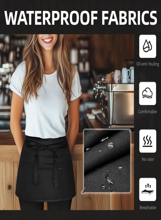 NLUS 2 Pack Server Apron with 8 Pockets, Water-Resistant Waiter Waitress Waist Half Apron for Women Men, 12 x 24 Inch - Black, Black, 12 x 24 Inch - Image 3