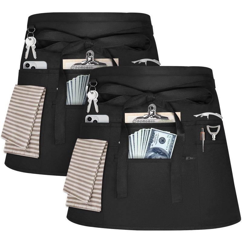 NLUS 2 Pack Server Apron with 8 Pockets, Water-Resistant Waiter Waitress Waist Half Apron for Women Men, 12 x 24 Inch - Black, Black, 12 x 24 Inch - Image 1