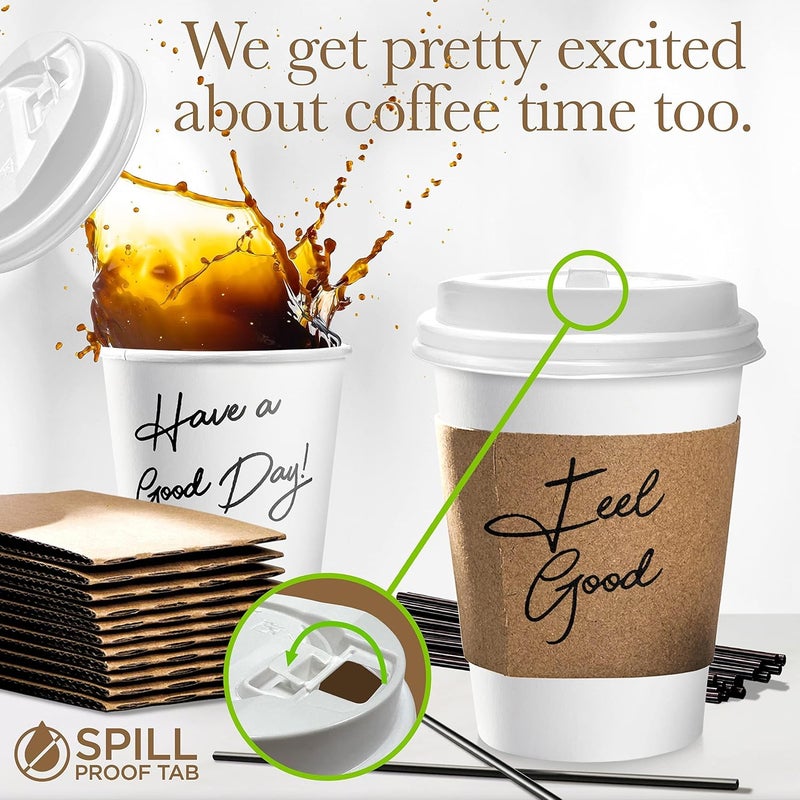Shop Square Disposable White Paper Hot Coffee Cups with Lids 12 oz (120 Pack)- To Go Coffee Cups with Sleeves & Straws for Hot & Cold Drink - Poly-Coated Material, Spill-Proof Tab - Coffee Cup Bundle - Image 4