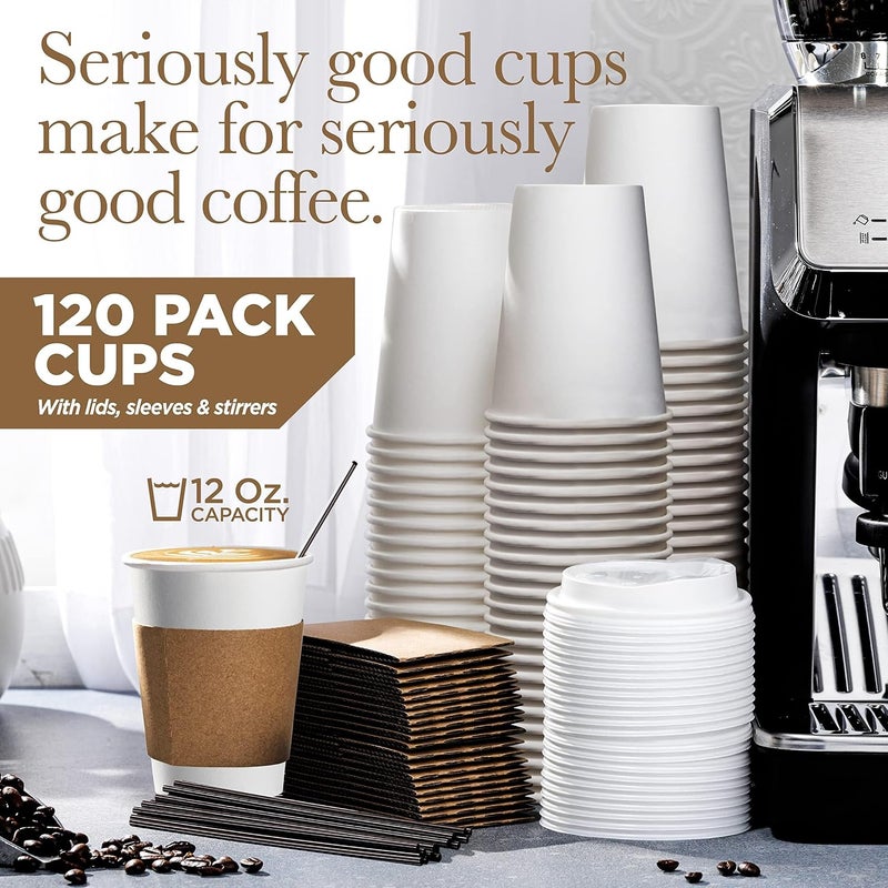 Shop Square Disposable White Paper Hot Coffee Cups with Lids 12 oz (120 Pack)- To Go Coffee Cups with Sleeves & Straws for Hot & Cold Drink - Poly-Coated Material, Spill-Proof Tab - Coffee Cup Bundle - Image 2