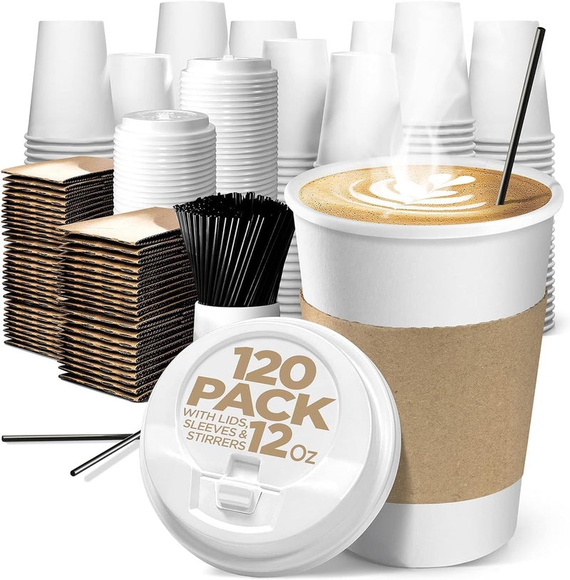 Shop Square Disposable White Paper Hot Coffee Cups with Lids 12 oz (120 Pack)- To Go Coffee Cups with Sleeves & Straws for Hot & Cold Drink - Poly-Coated Material, Spill-Proof Tab - Coffee Cup Bundle - Image 1