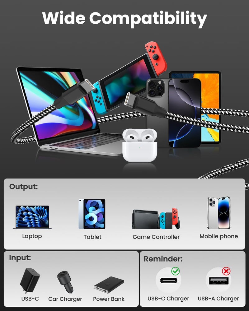 كابل USB-C بطول 10 أقدام (3 قطع)، شاحن سريع بقدرة 60 واط من نوع C إلى C، كابل مزامنة بيانات من النايلون المضفر المتين متوافق مع iPhone 17/16/15 Pro Max Plus وiPad Pro Air وMacBook والمزيد - Image 4