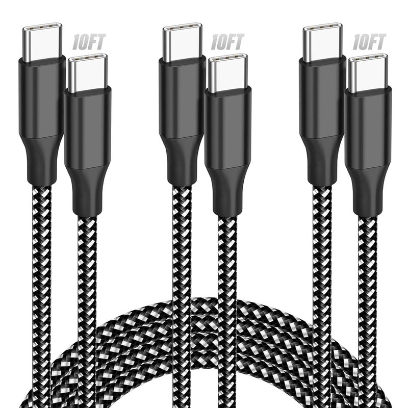 كابل USB-C بطول 10 أقدام (3 قطع)، شاحن سريع بقدرة 60 واط من نوع C إلى C، كابل مزامنة بيانات من النايلون المضفر المتين متوافق مع iPhone 17/16/15 Pro Max Plus وiPad Pro Air وMacBook والمزيد - Image 1