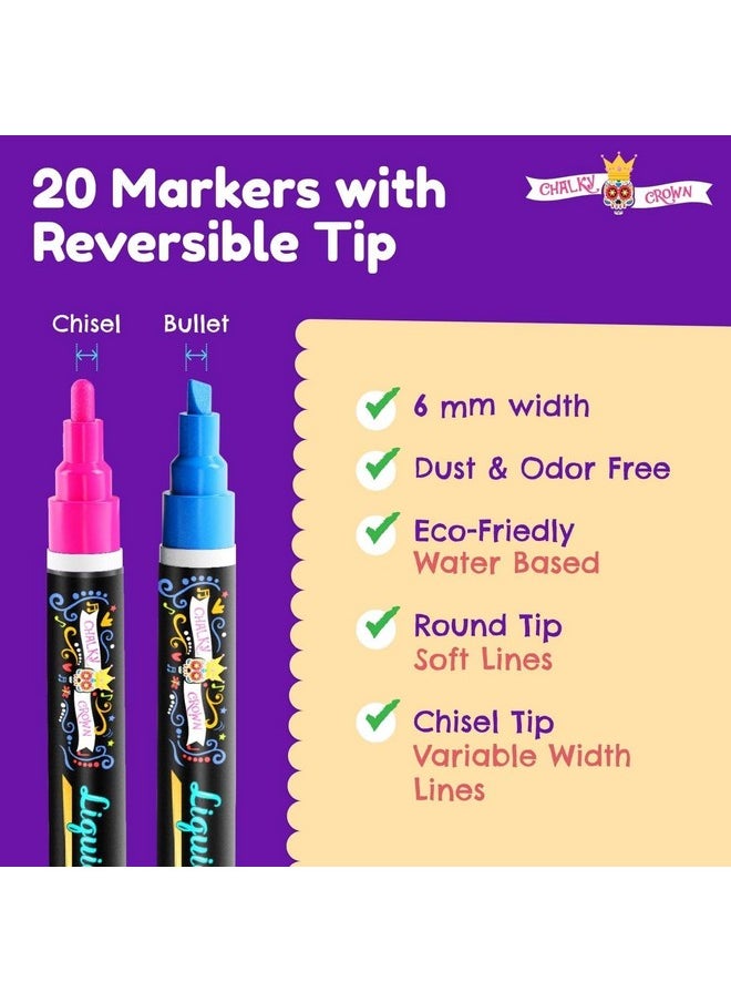 CHALKY CROWN CHALKY CROWN Bold Chalk Markers - Dry Erase Marker Pens - Liquid Chalk Markers for Chalkboards, Signs, Windows, Blackboard, Glass - Reversible Tip (20 Pack) - (Multicolored, 6mm)  - Image 3
