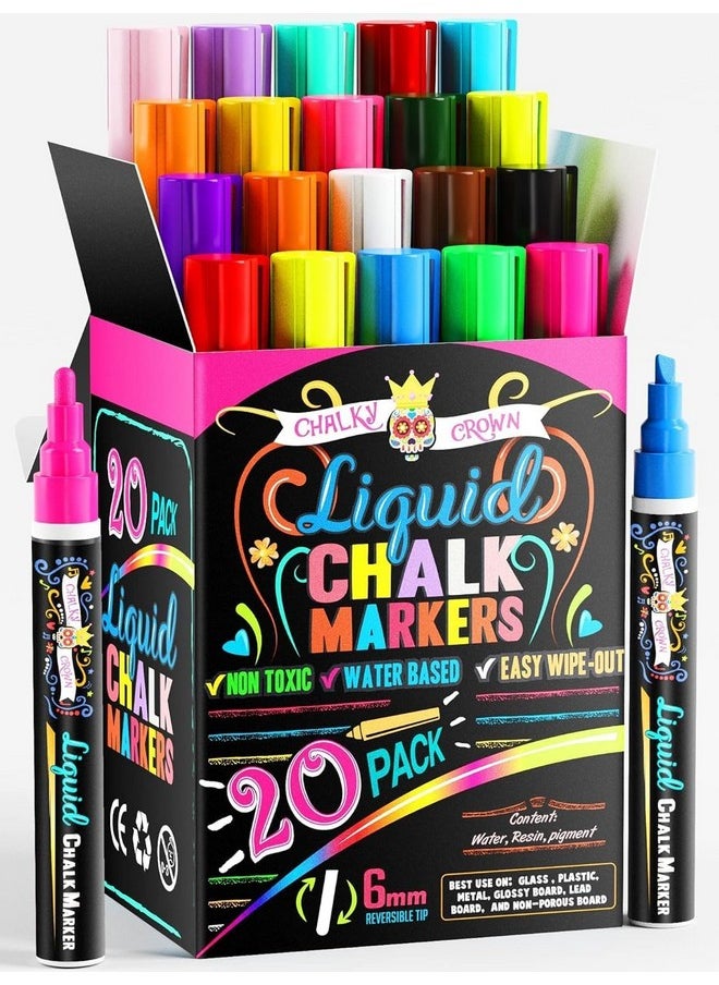 CHALKY CROWN CHALKY CROWN Bold Chalk Markers - Dry Erase Marker Pens - Liquid Chalk Markers for Chalkboards, Signs, Windows, Blackboard, Glass - Reversible Tip (20 Pack) - (Multicolored, 6mm)  - Image 1