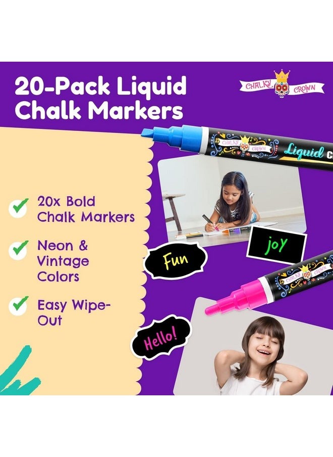 CHALKY CROWN CHALKY CROWN Bold Chalk Markers - Dry Erase Marker Pens - Liquid Chalk Markers for Chalkboards, Signs, Windows, Blackboard, Glass - Reversible Tip (20 Pack) - (Multicolored, 6mm)  - Image 2