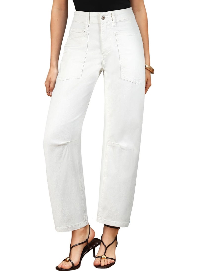 EVALESS Womens Baggy Barrel White Jeans High Waisted Wide Leg Boyfriend Denim Ankle Pants Size 8 - Image 4