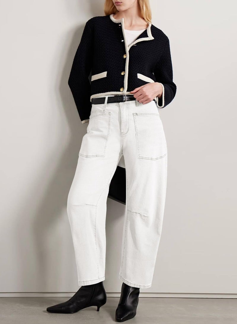 EVALESS Womens Baggy Barrel White Jeans High Waisted Wide Leg Boyfriend Denim Ankle Pants Size 8 - Image 3