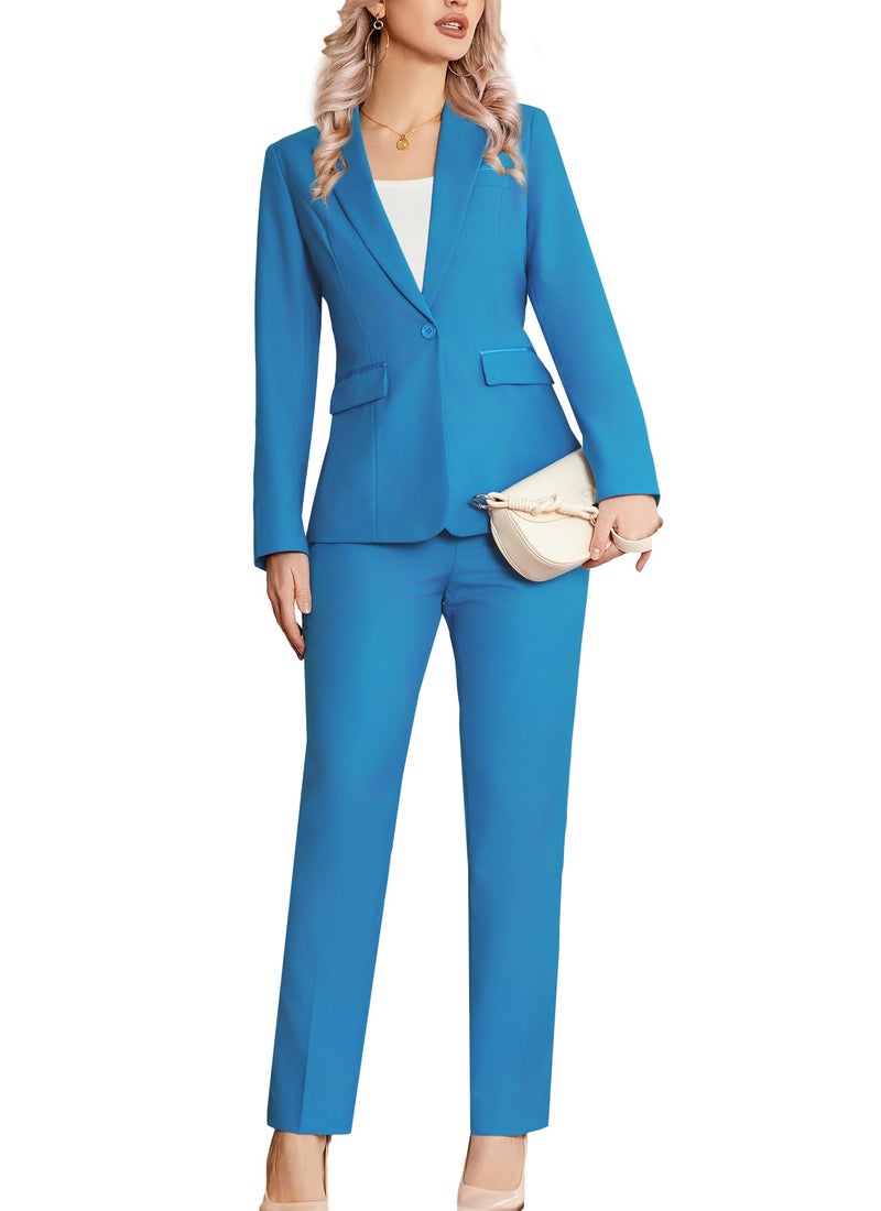 Kelyaa Womens 2 Piece Suit Notched Lapel One Button Slim Fit Business Office Work Tuxedo Blazer Pants Set Bright Blue