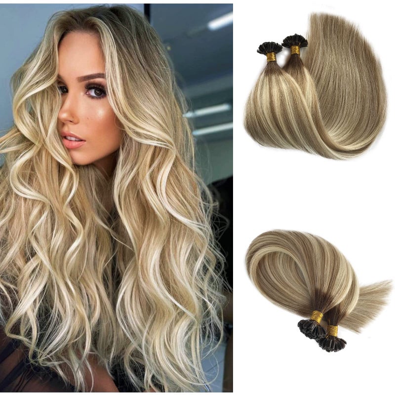 Smavida U Tip Hair Extensions Human Hair Ombre Blonde Keratin U Tip Hair Extensions Ash Brown to Blonde Highlights Human Hair Pre Bonded Fusion Human Hair Extensions for Women 50strands 50g 14