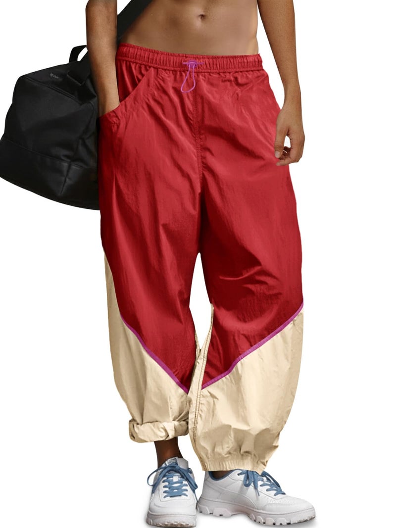 Fisoew Womens Baggy Wide Leg Pants Casual Elastic Waist Color Block Loose Workout Track Pants with Pockets Red - Image 1