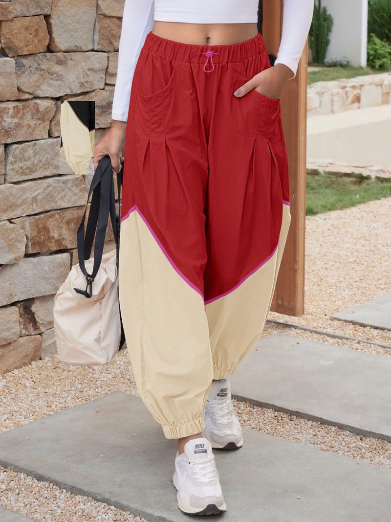 Fisoew Womens Baggy Wide Leg Pants Casual Elastic Waist Color Block Loose Workout Track Pants with Pockets Red - Image 2